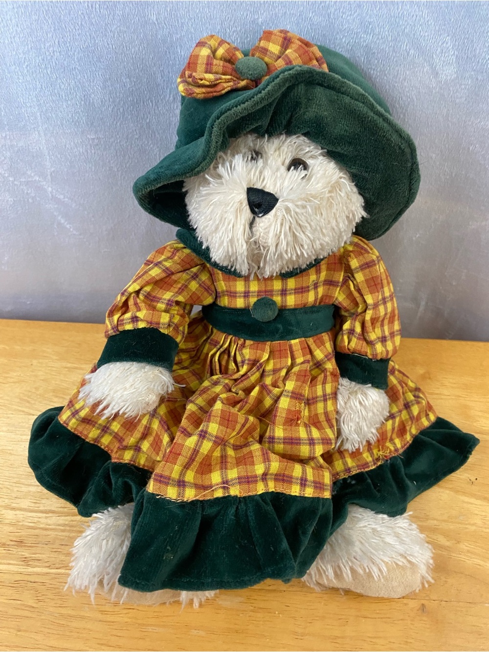 Terry’s Village Plush Bear in Green Velvet Hat & Yellow Plaid Dress